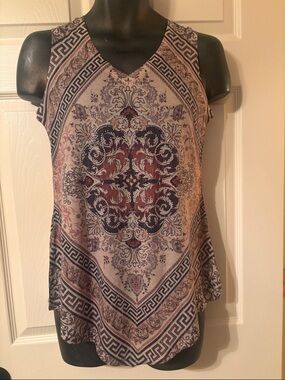 new directions Beige Tank Top with Navy & Burgundy Medallion Print